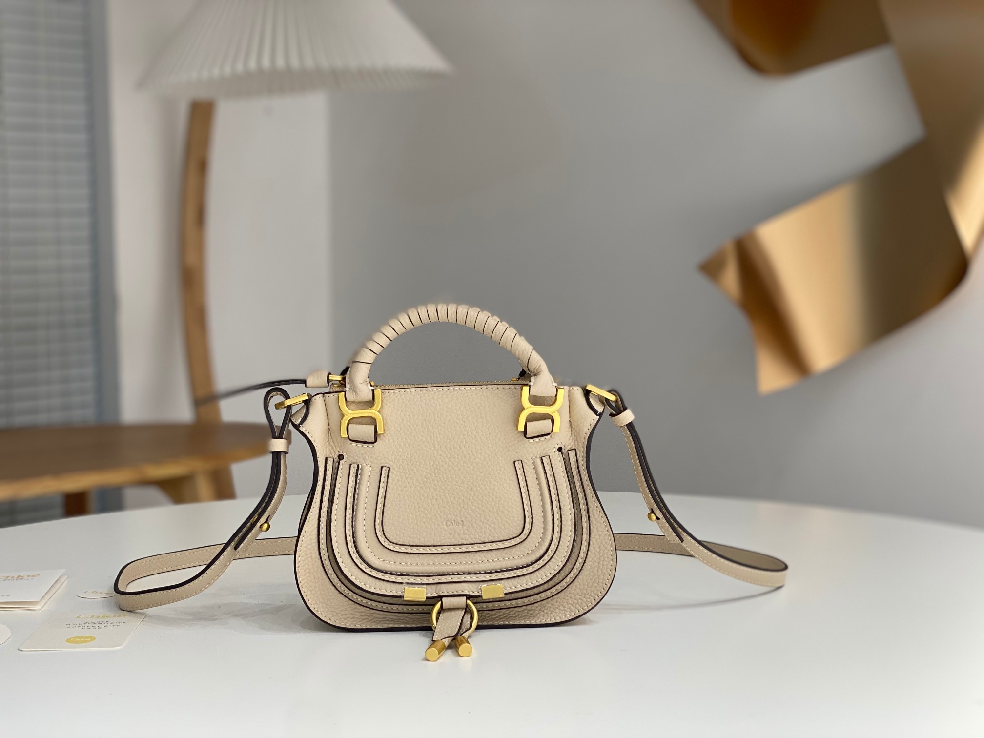 Chloe Mini Marcie Bag In Vegetal Beige Grained Leather